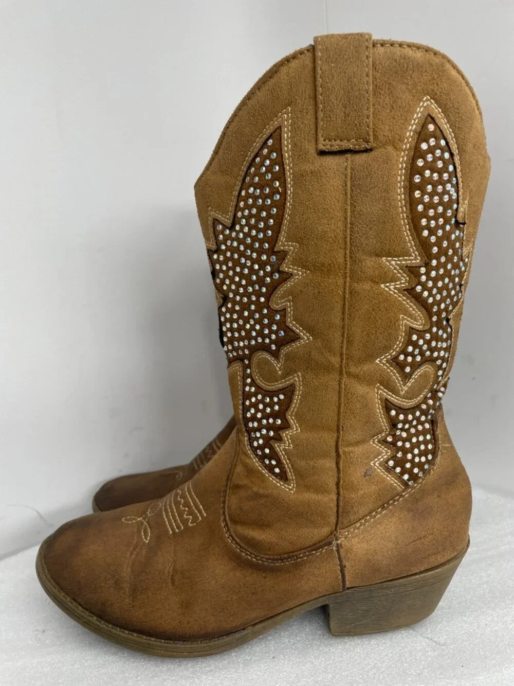 Justice Rhinestone Glitter Brown Faux Leather Cowgirl Western Boots Girls 7